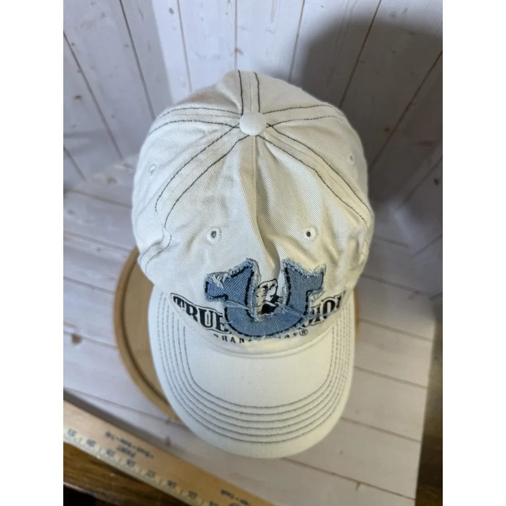True Religion Y2k White Buddha Logo Distressed Frayed Strapback Hat Adjustable *